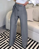 Women's Pants 2025 Spring Fashion Tied Detail Straight Leg Elegant Plain High Waist Long Work Pants Office Lady
