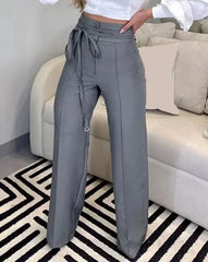 Women's Pants 2025 Spring Fashion Tied Detail Straight Leg Elegant Plain High Waist Long Work Pants Office Lady