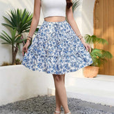 Summer Skirt New Women'S Fashionable Floral Print Skirt 2025 Trend Elastic Waist Strap Versatile Casual Skirt Blue White Skirt