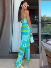 Chic Print Sling Long Dress Women Sleevless Backless Side Split Party Dresses 2025 Summer Street Beach Lady Ankle-length Robes