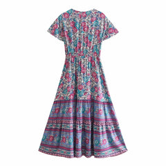 Happie Queens Women Floral Print Beach Bohemian Maxi Dresses Ladies Vacation Front Button Rayon Boho Dress Vestidos