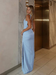 Vestido largo de satén calado para mujer, sin mangas, con espalda descubierta y abertura lateral, nuevo vestido de fiesta de noche de otoño para mujer