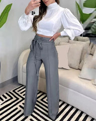 Women's Pants 2025 Spring Fashion Tied Detail Straight Leg Elegant Plain High Waist Long Work Pants Office Lady