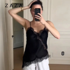Summer Women Halter Top Satin Lace Spliced Tank Backless Deep Neck Sexy Vest Irregular Hem Vestidos 2025 Lady Vacation Sexy Tops