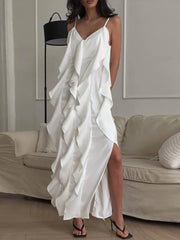 Vestido largo elegante de tubo liso para mujer, cuello en V, sin mangas, con volantes y abertura lateral, para fiesta de verano 2025.