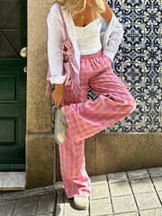 Women Fashion Pink Plaid Print Casual Slim Straight Pants Female Chic Zipper Fly Long Length Trousers Mujer