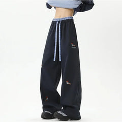 Women Pants Spring Summer New Patchwork Dog Embroidery Cute High Waist Drawstring Waist Wide Leg Pants Female Women Pants Clothe