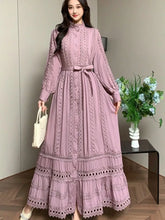 2025 New Women's Dress Boho Retro Hollow Lace Splicing Spring And Autumn Dress Belt Waist Long Sleeve Lapel Long Dress