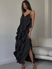 Vestido largo elegante de tubo liso para mujer, cuello en V, sin mangas, con volantes y abertura lateral, para fiesta de verano 2025.