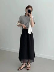 Double Layered Belted Straight Cut Long Skirt for Women Spring New Sle Korean High Waist Slit Commute Friendly Skirt