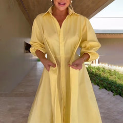 Women Single Breasted Long Sleeve Shirts Dress Elegant Turn Down Collar Solid Color Tie-up Dress Fashion Casual Commuting Dress