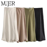 MUJER Woman 2025 Satin Skirt Women High Waist Long Skirts For Women Summer Black Midi Skirt Woman Office Elegant Women's Skirts