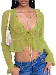 Tops cortos transparentes sexys para mujer, color rosa, de manga larga, acampanados, con escote en V profundo y dobladillo plisado, para verano, blusa Fairycore, ropa de calle