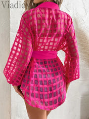 Women's Casual Plaid Turn-down Collar Sheer Mesh Long Sleeve Tied Detail Shirt Dress Mini Dress with Belt