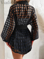 Women's Casual Plaid Turn-down Collar Sheer Mesh Long Sleeve Tied Detail Shirt Dress Mini Dress with Belt
