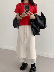 Double Layered Belted Straight Cut Long Skirt for Women Spring New Sle Korean High Waist Slit Commute Friendly Skirt