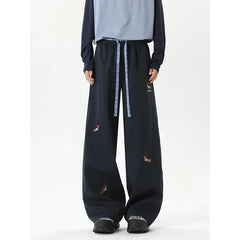 Women Pants Spring Summer New Patchwork Dog Embroidery Cute High Waist Drawstring Waist Wide Leg Pants Female Women Pants Clothe