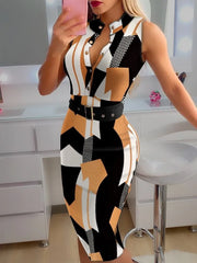 Vestido ajustado de verano para mujer, liso, con botones delanteros y cinturón, informal, estampado, sin mangas, ajustado, para oficina, fiesta, midi, 2024