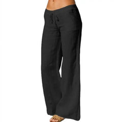 Women Pants Solid Color Pockets Drawstring Elastic Wide Leg Pants Long Yoga Trousers
