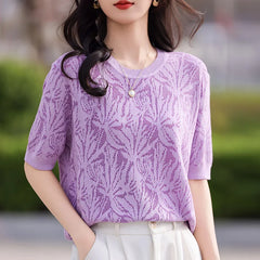 Camisetas para mujer, camisetas de verano 2025, nuevas camisetas de cuello redondo de media manga, camisetas de color liso con estampado de hojas de arce, tops casuales de moda.