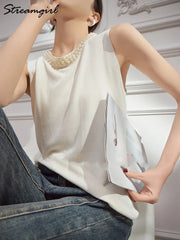 Blusa de punto con cuentas de verano para mujer, elegante blusa blanca lisa sin mangas para oficina, top de punto fino con cuello redondo, camiseta sin mangas con cuentas para mujer