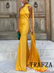 TRAFZA Sexy Elegant Chic Women Halter Dress Satin Solid Ribbon Backless Long Dress Fashion 2025 Spring Summer Evening Club Dress
