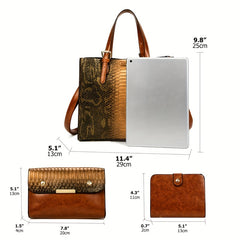 Stylish 3-Piece Set - Faux Leather Crocodile Pattern Handbags - Vintage Design Tote With Matching Clutch & Wallet Crossbody Bag