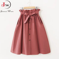 Women Summer Midi Skirt Girls Elegant Solid High Waist Spring Casual Single-Breasted Sashes Office Ladies A-Line Cotton Skirt