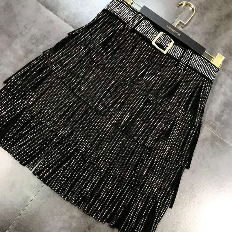 Women Skirt Fashion 2025 New Autumn High Waist Belt Multi Layer Short  Heavy Drilling Rhinestones Fringed Skirt with Cake A Line