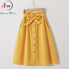 Women Summer Midi Skirt Girls Elegant Solid High Waist Spring Casual Single-Breasted Sashes Office Ladies A-Line Cotton Skirt