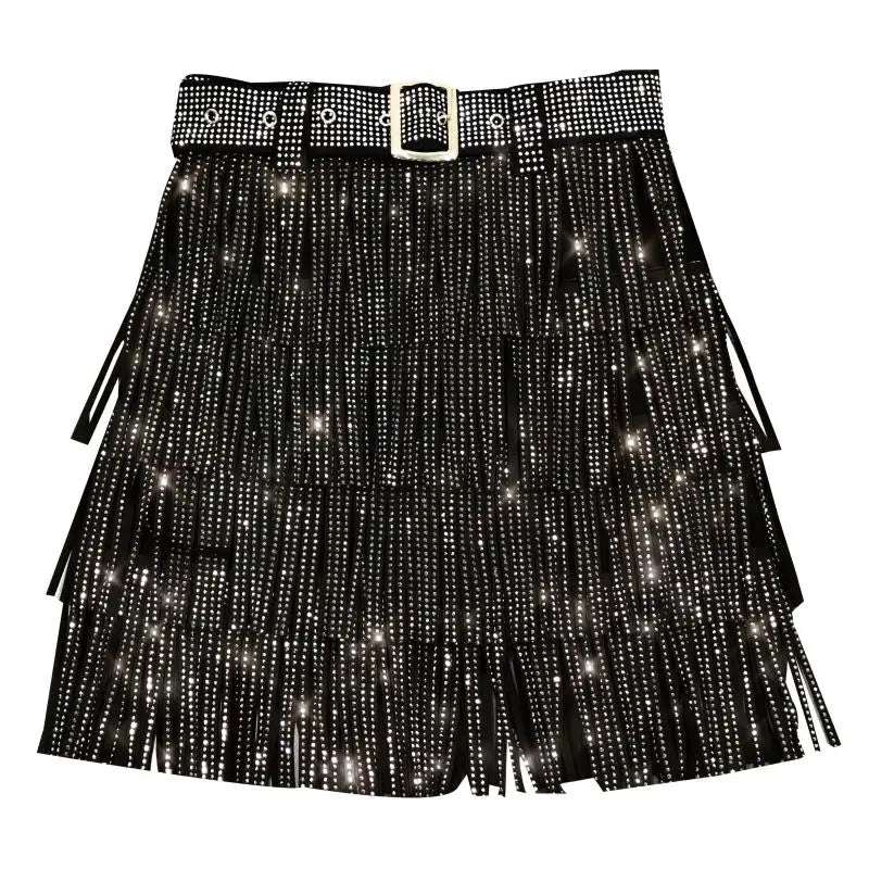 Women Skirt Fashion 2025 New Autumn High Waist Belt Multi Layer Short  Heavy Drilling Rhinestones Fringed Skirt with Cake A Line