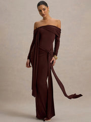 Vestido largo sexy de manga larga con hombros descubiertos de Mozision para mujer, vestido de otoño a la moda sin tirantes, espalda descubierta, drapeado y fruncido para discoteca. 