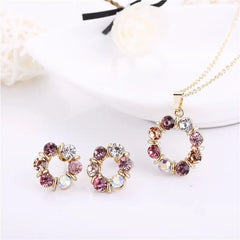 Conjunto de 3 pendientes y collar de oro para mujer, estilo sencillo y moderno, con cristales de colores exquisitos y forma de círculo de diamantes.