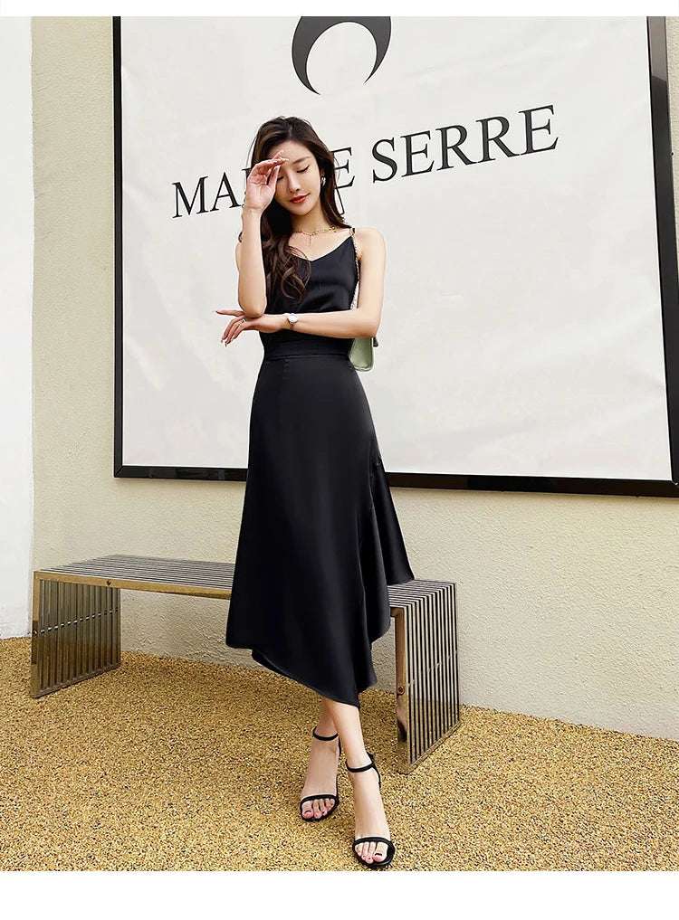 Elegant High Waist Satin Skirts Women Irregular Mermaid Skirt Fashion Streetwear Casual A-Line Skirts Office Lady Long Skirts
