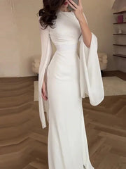 Vestido de satén liso de moda para mujer, vestido ajustado con cuello redondo, elegante vestido largo con mangas de murciélago y cintura alta plisada 2025. 