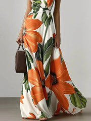 Vestido largo de verano Freeacy para mujer, estampado floral, escote en V, sin mangas, de noche, cintura alta, plisado, corte A, para fiesta 