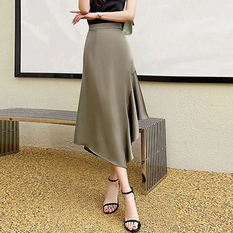 Elegant High Waist Satin Skirts Women Irregular Mermaid Skirt Fashion Streetwear Casual A-Line Skirts Office Lady Long Skirts