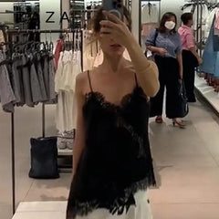 Top de verano para mujer, top de satén con encaje empalmado, sin espalda, cuello profundo, sexy, con dobladillo irregular, para vacaciones, 2025