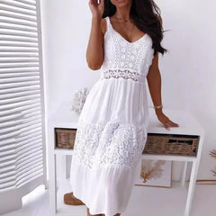 Women Beach Camisole Sexy Dress Summer Dress for Women Solid Sleeveless Hook Flower Hollow Long Dresses Elegant V-Neck Sundress