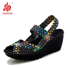 Sandalias de plataforma tejidas para mujer, zapatos transpirables para caminar de verano, zapatillas de deporte para mujer, sin cordones, tacón de 5 cm, hechas a mano, zapatillas para mujer