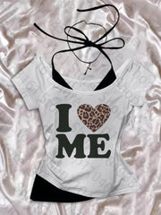 Tops estéticos para mujer, tops cortos de los años 2000 con tirantes, ropa gótica, estilo vintage Harajuku, grunge, estampado "I LOVE ME".