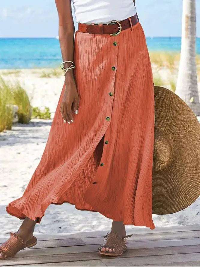 Women Skirt 2025 Spring Summer New Fashion Casual Cotton And Linen Solid Color Buttons Skirt Split A- Line Hip Waist Long Skirt