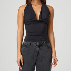 Women Premium Halter Tops Summer Floral Print/Solid Color Cowl Neck Backless Shirts Vest for Streetwear Aesthetic Clothes