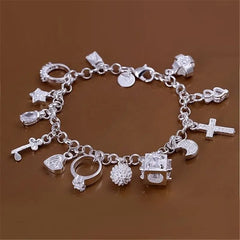 Pulsera de plata de moda europea y americana con trece colgantes, pulsera de mujer con múltiples elementos, pulsera de estilo simple 
