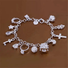 Pulsera de plata de moda europea y americana con trece colgantes, pulsera de mujer con múltiples elementos, pulsera de estilo simple 