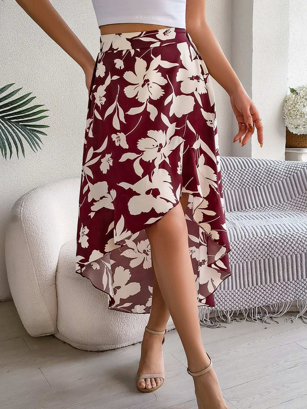 Spring Summer Skirts for Women Casual Floral Print Asymmetric Ruffle Edge Skirt