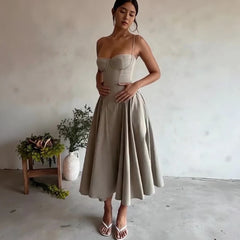 Wefads - Nuevos vestidos plisados lisos de primavera y verano para mujer, sexys, sin tirantes, con corte en A, largos, informales, sin mangas 