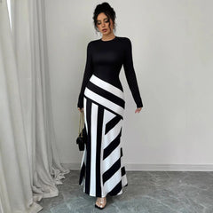Vestidos largos sexis para mujer, nuevos vestidos de otoño, moda urbana, patchwork blanco y negro, vestido informal ajustado, vestidos de punto elegantes, ropa 