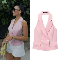 Tops de mujer 2025 Nuevo chaleco rosa con cuello halter y doble botonadura Chaleco de mujer casual y de moda