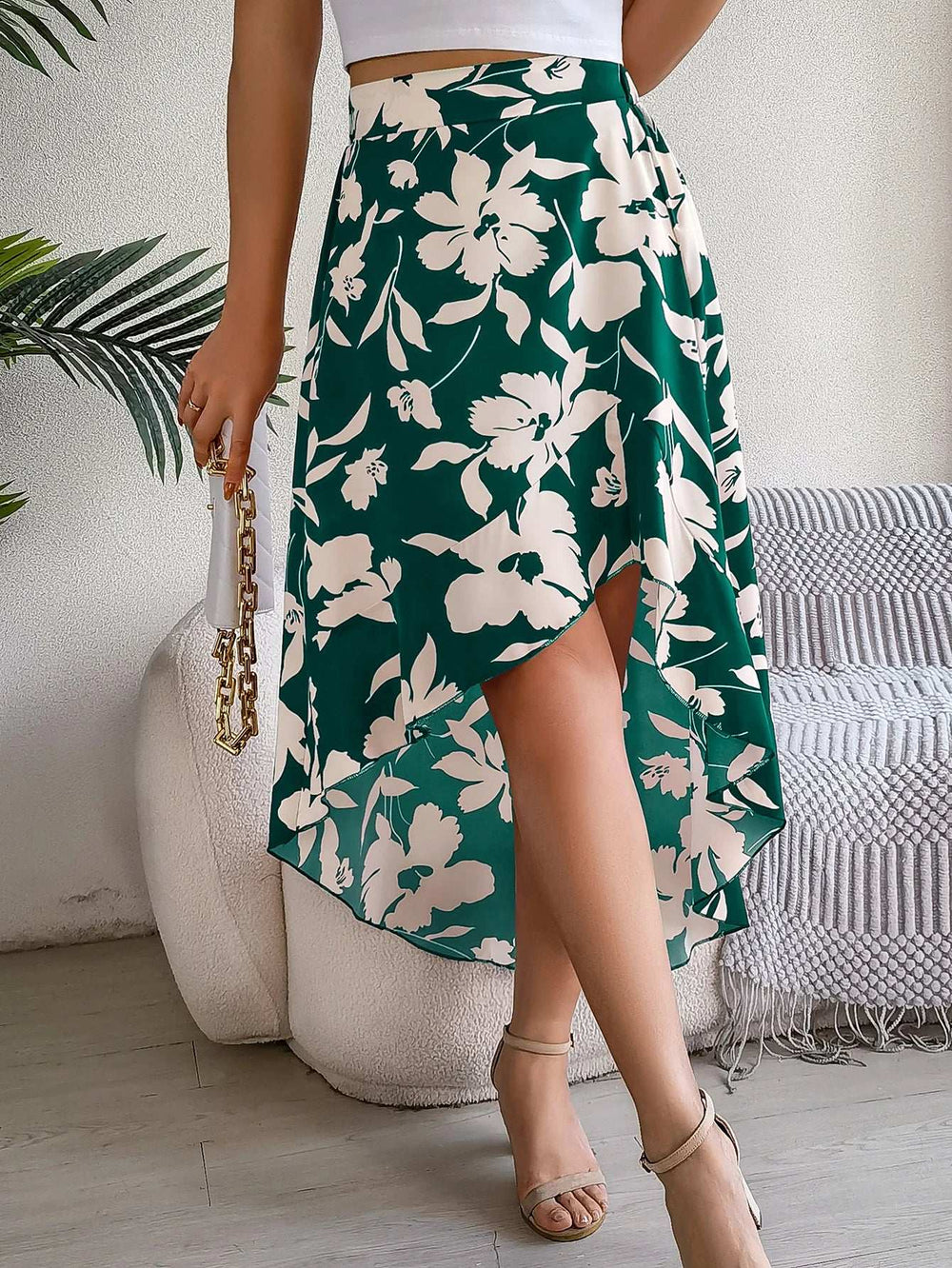 Spring Summer Skirts for Women Casual Floral Print Asymmetric Ruffle Edge Skirt